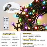 Multicolored string lights with remote control and lighting mode options on a neutral background